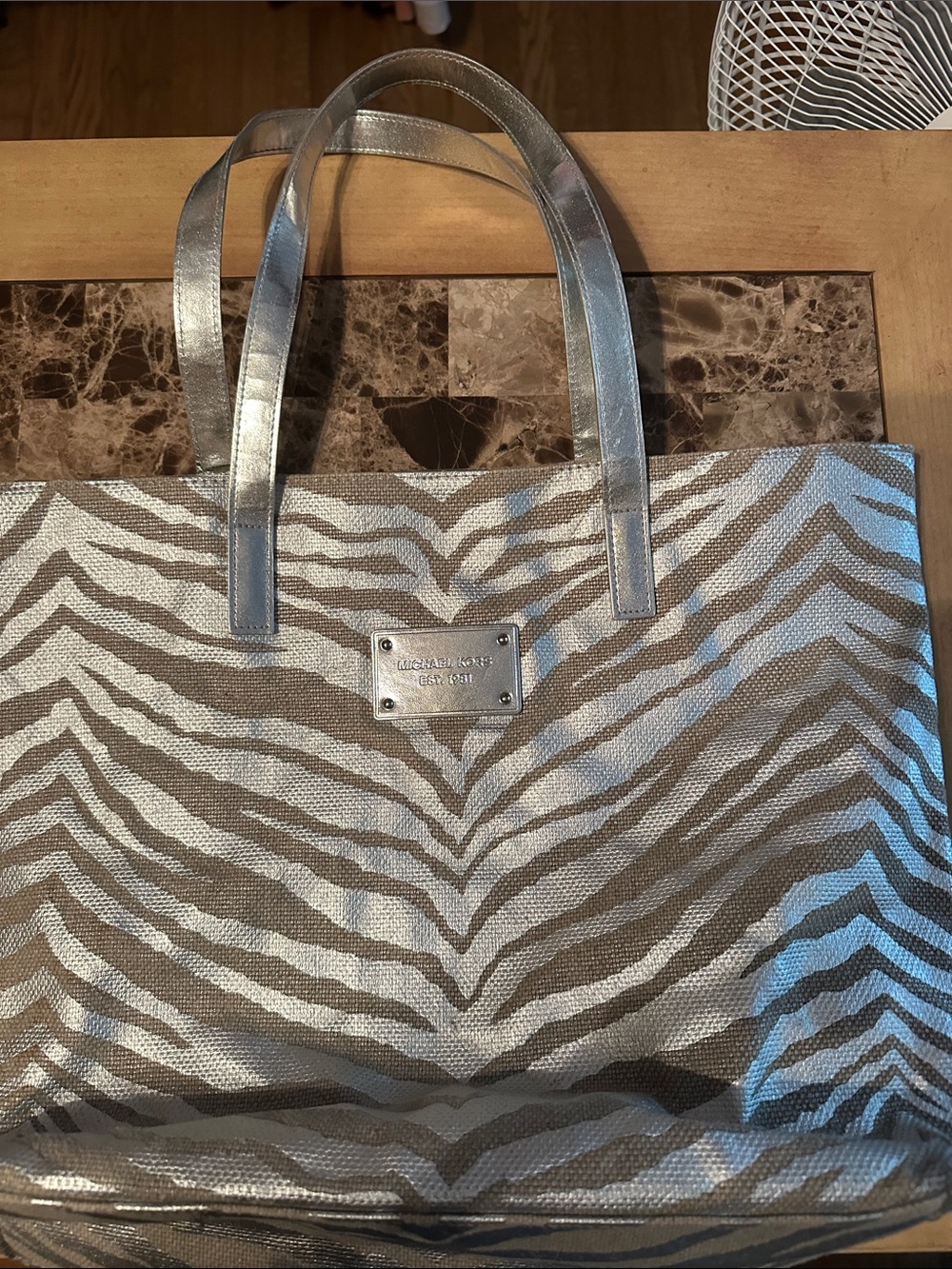 Michael Kors Metallic Zebra Tote in Silver and Taupe